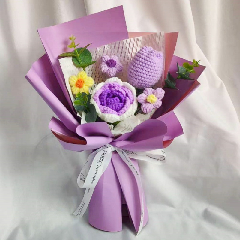 Hand-Crocheted Mixed Bouquet of Calla Lilies, Lily of The Valley, and Tulips