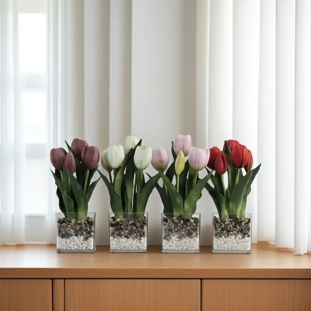 Lifelike Real Touch Tulips in Vase for Home Decor