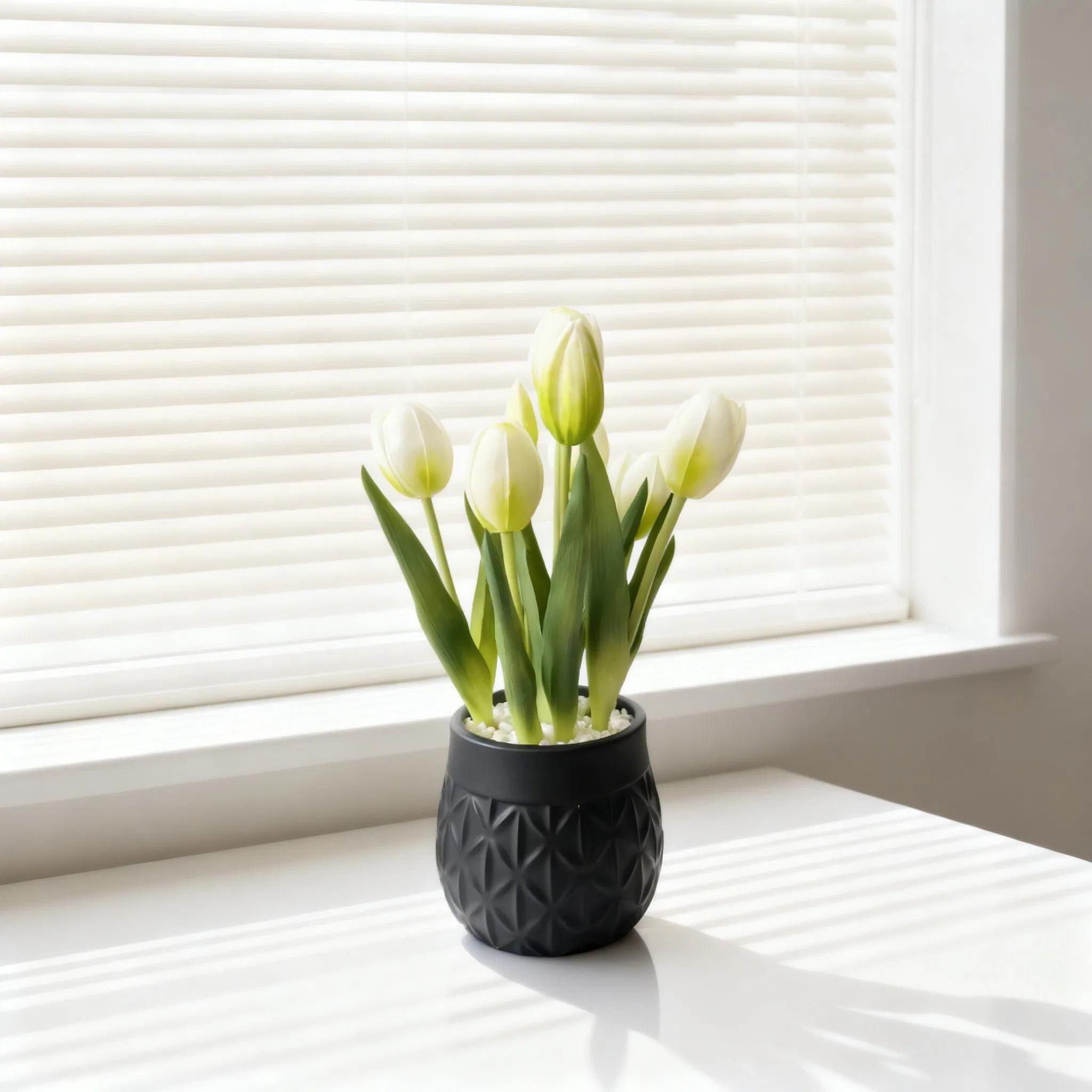 Beautifully Real Touch Tulips in Black Ceramic Pot for Home Decor