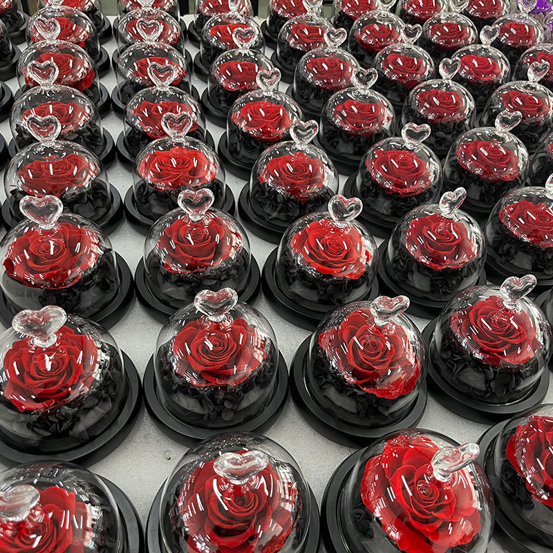 Factory Wholesale High Quality Heart Preserved Rose Glass Dome Real Everlasting Real Rose Flower Foreyer Roses in Glass Dome with LED