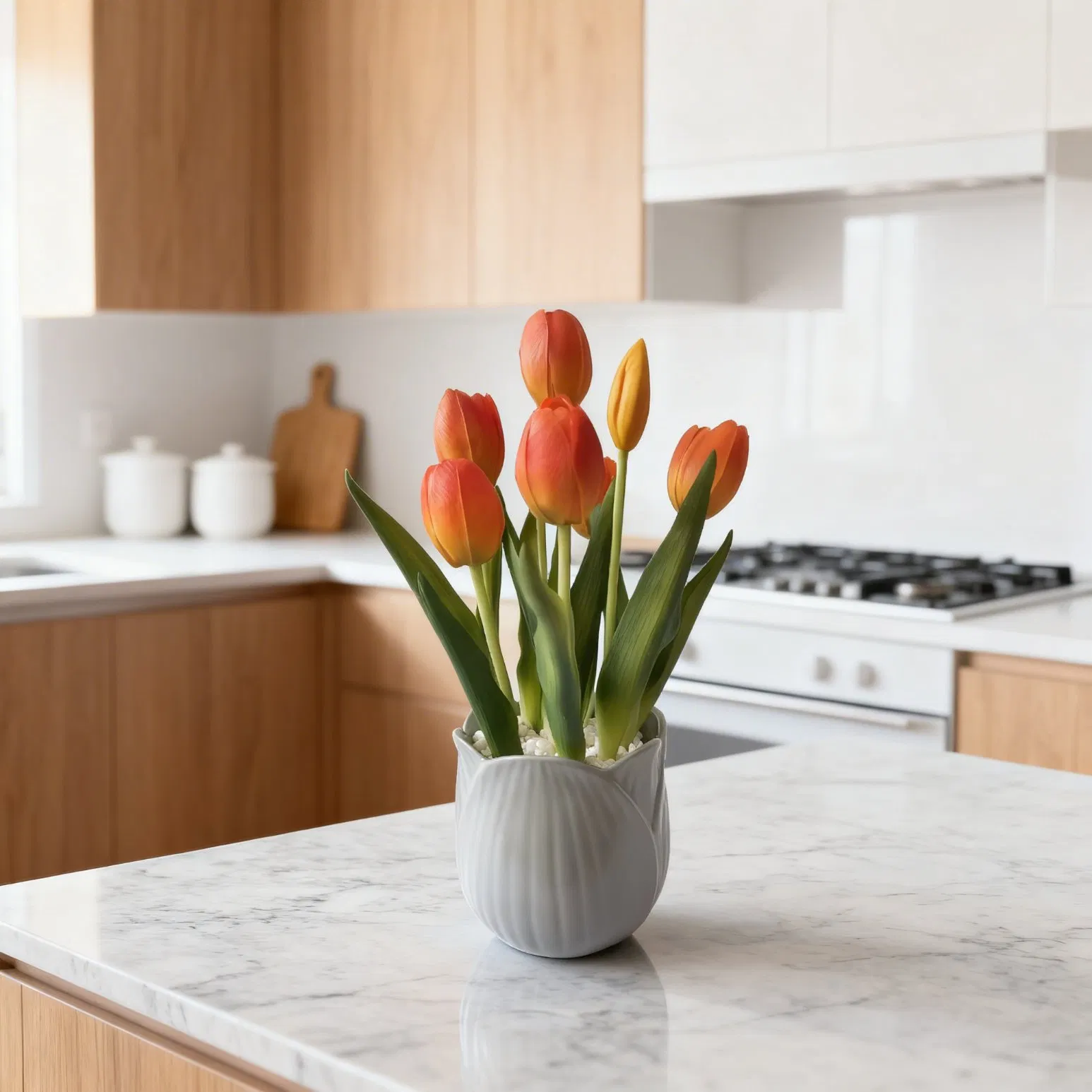 Beautifully Artificial Real Touch Tulips in Elegant Ceramic Pot for Home Decor