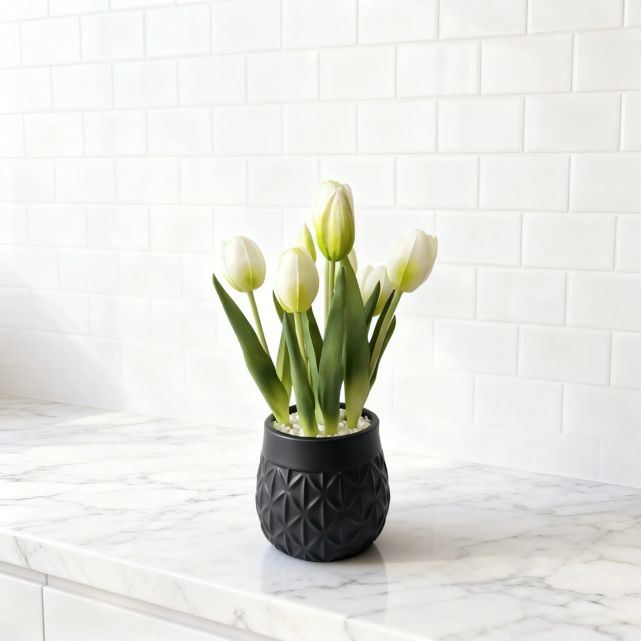 Beautifully Real Touch Tulips in Black Ceramic Pot for Home Decor