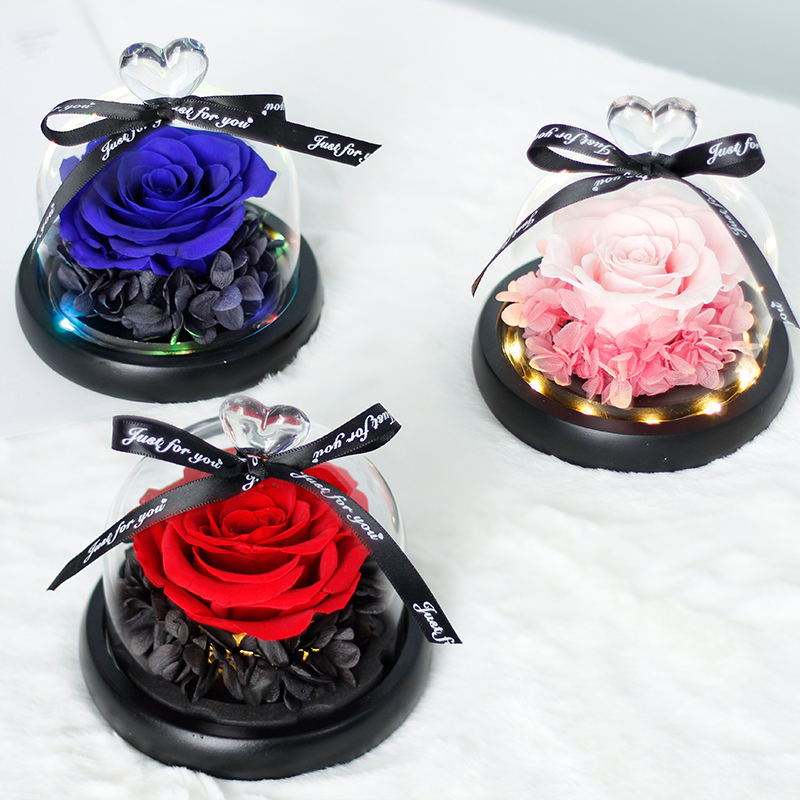 Factory Wholesale High Quality Heart Preserved Rose Glass Dome Real Everlasting Real Rose Flower Foreyer Roses in Glass Dome with LED
