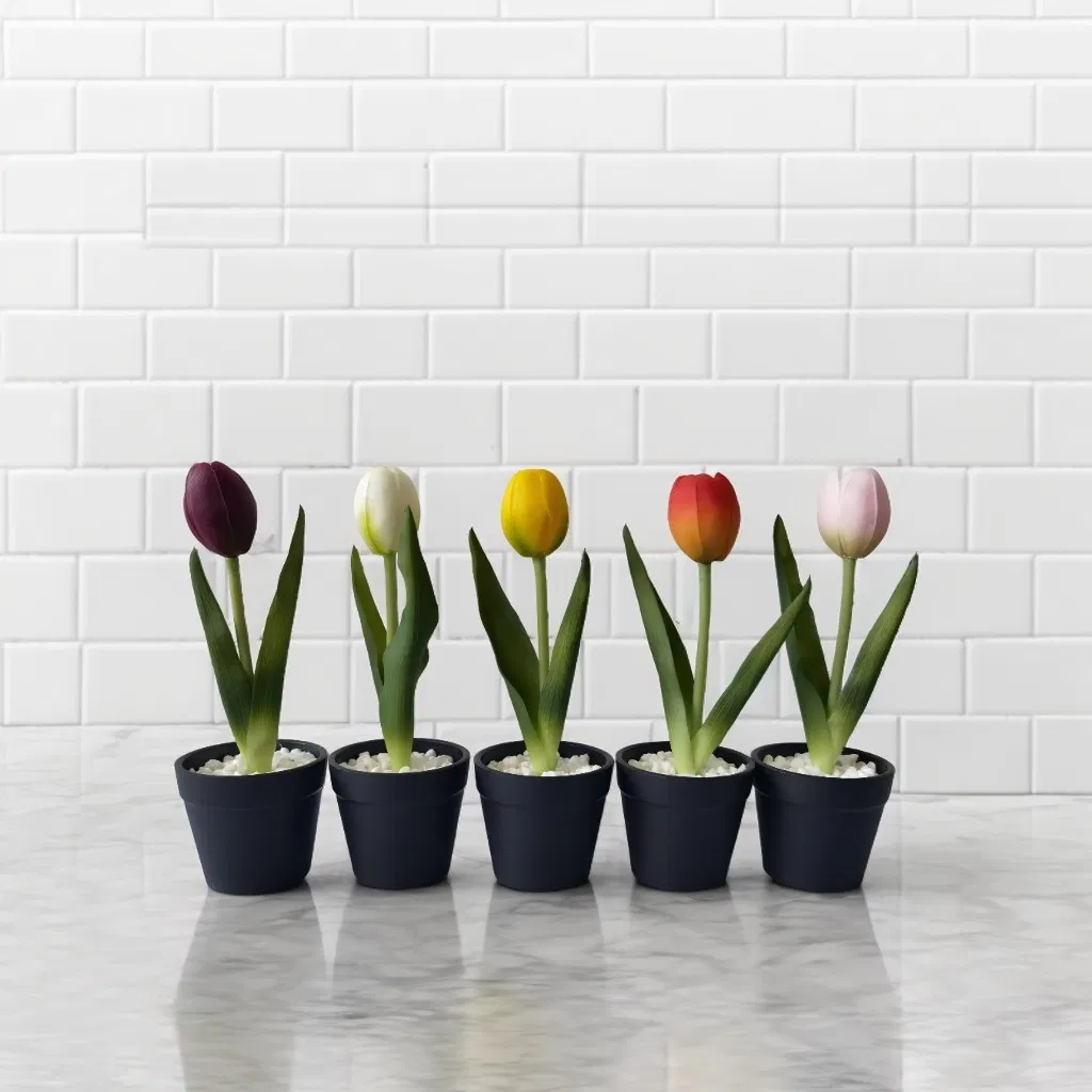 Lifelike Real Touch Tulips in Black Plastic Pot for Home Decor