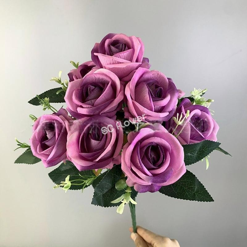 Guangdong Wholesale Red 9 Head Velvet Bouquet Rose Artificial for Party Home Wedding Decor
