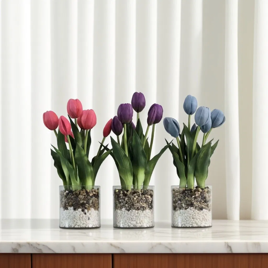Lifelike Real Touch Tulips in Vase for Home Decor