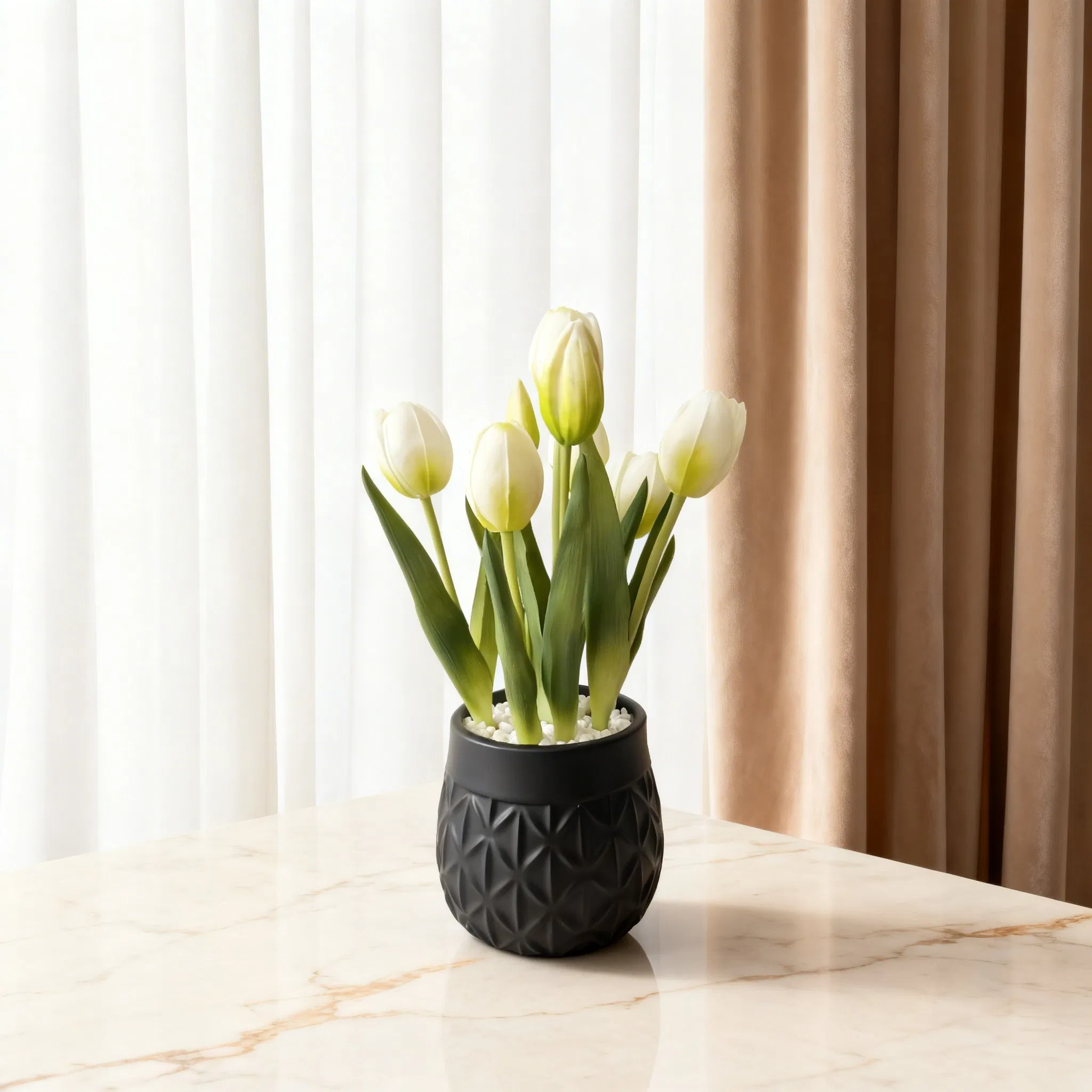 Beautifully Real Touch Tulips in Black Ceramic Pot for Home Decor