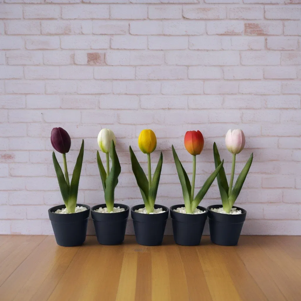 Lifelike Real Touch Tulips in Black Plastic Pot for Home Decor