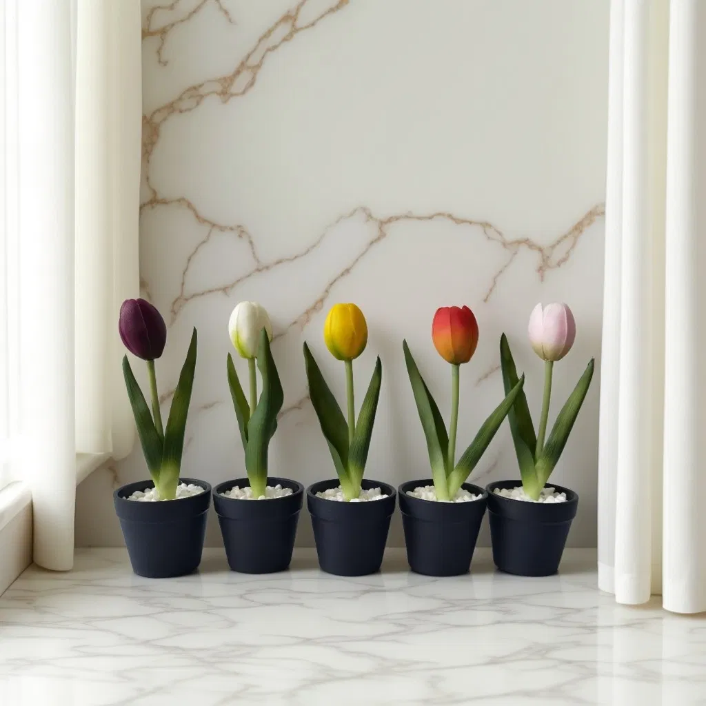 Lifelike Real Touch Tulips in Black Plastic Pot for Home Decor