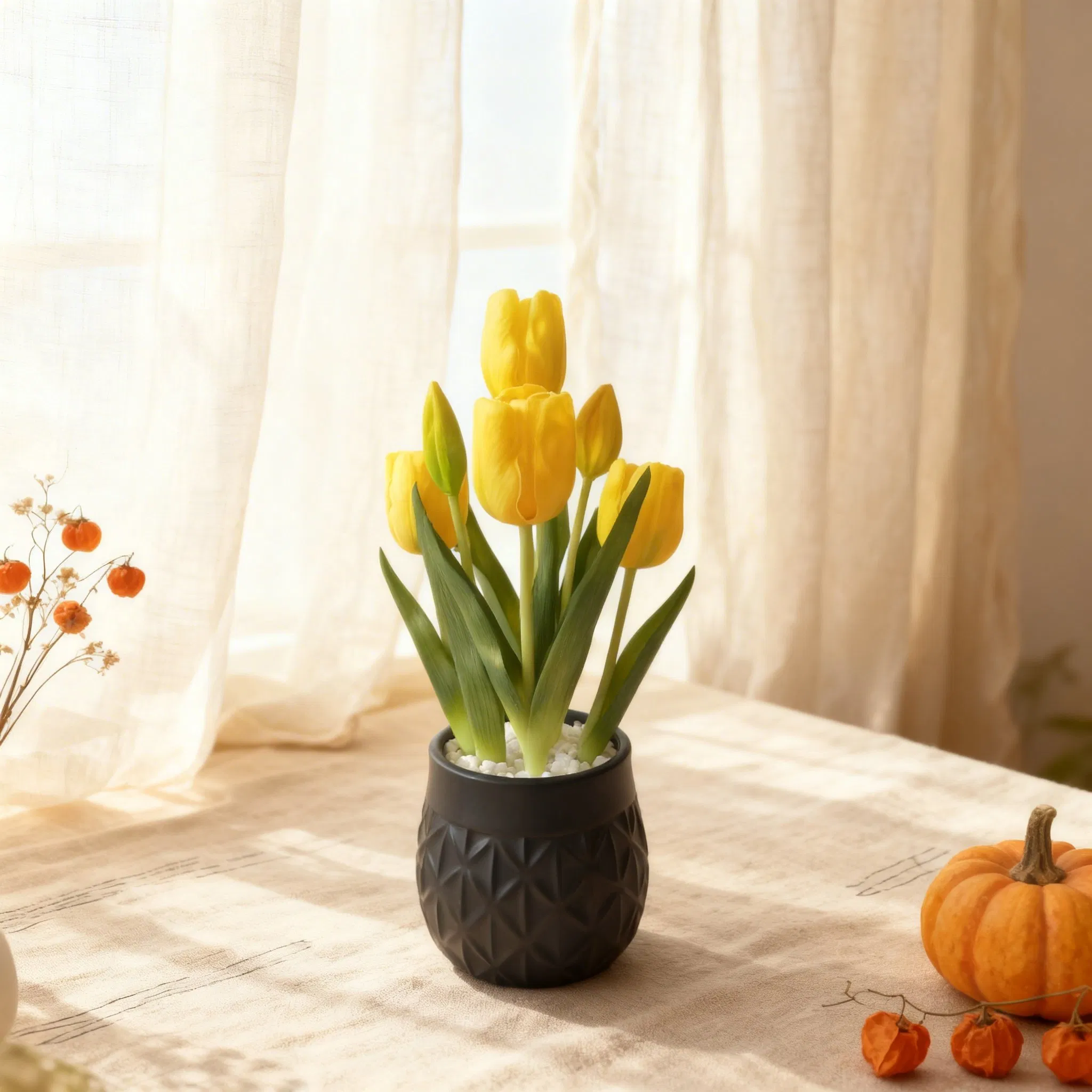 Beautifully Real Touch Yellow Tulips in Black Ceramic Pot for Home Decor