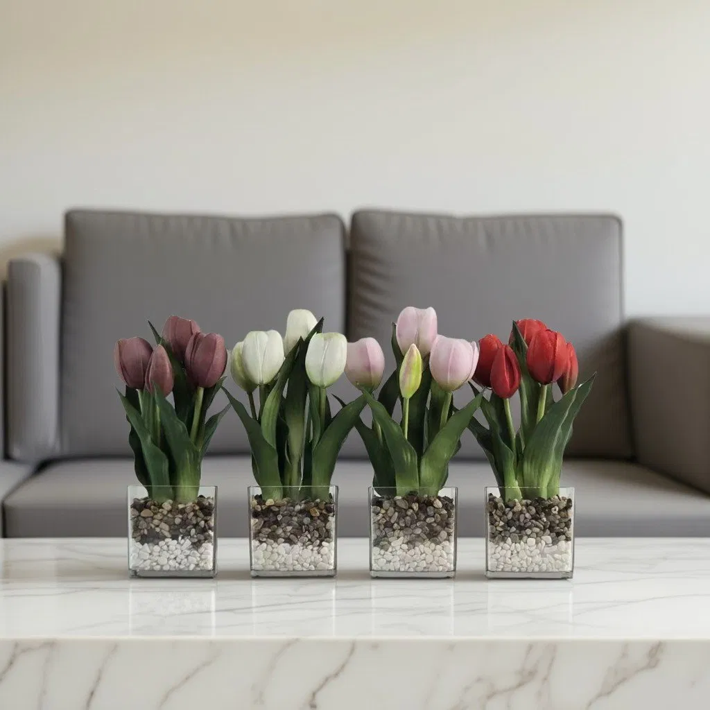 Lifelike Real Touch Tulips in Vase for Home Decor