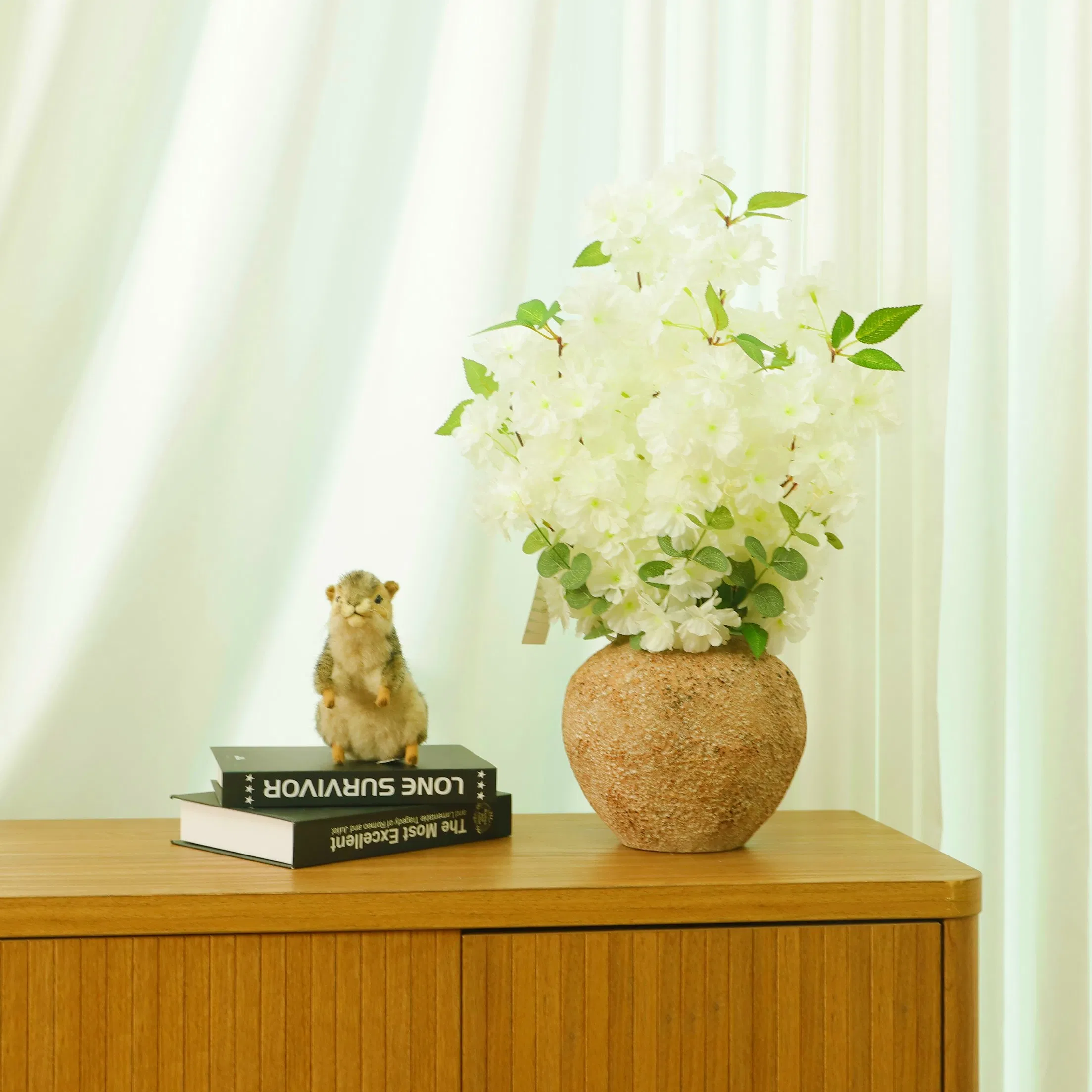 Home Decor Table Artificial Cherry Blossom with Vase Silk Fake Flower