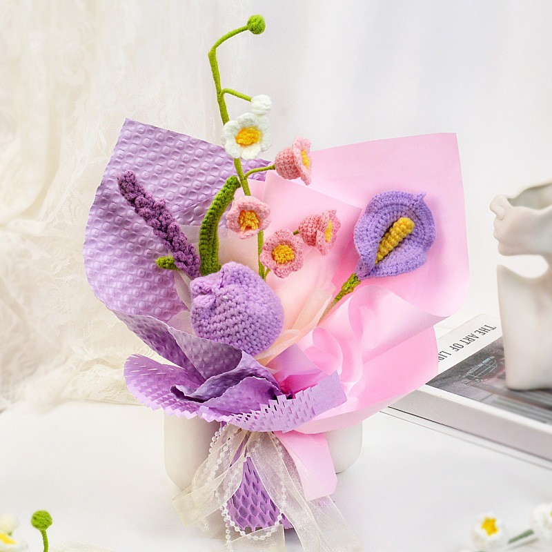 Hand-Crocheted Mixed Bouquet of Calla Lilies, Lily of The Valley, and Tulips