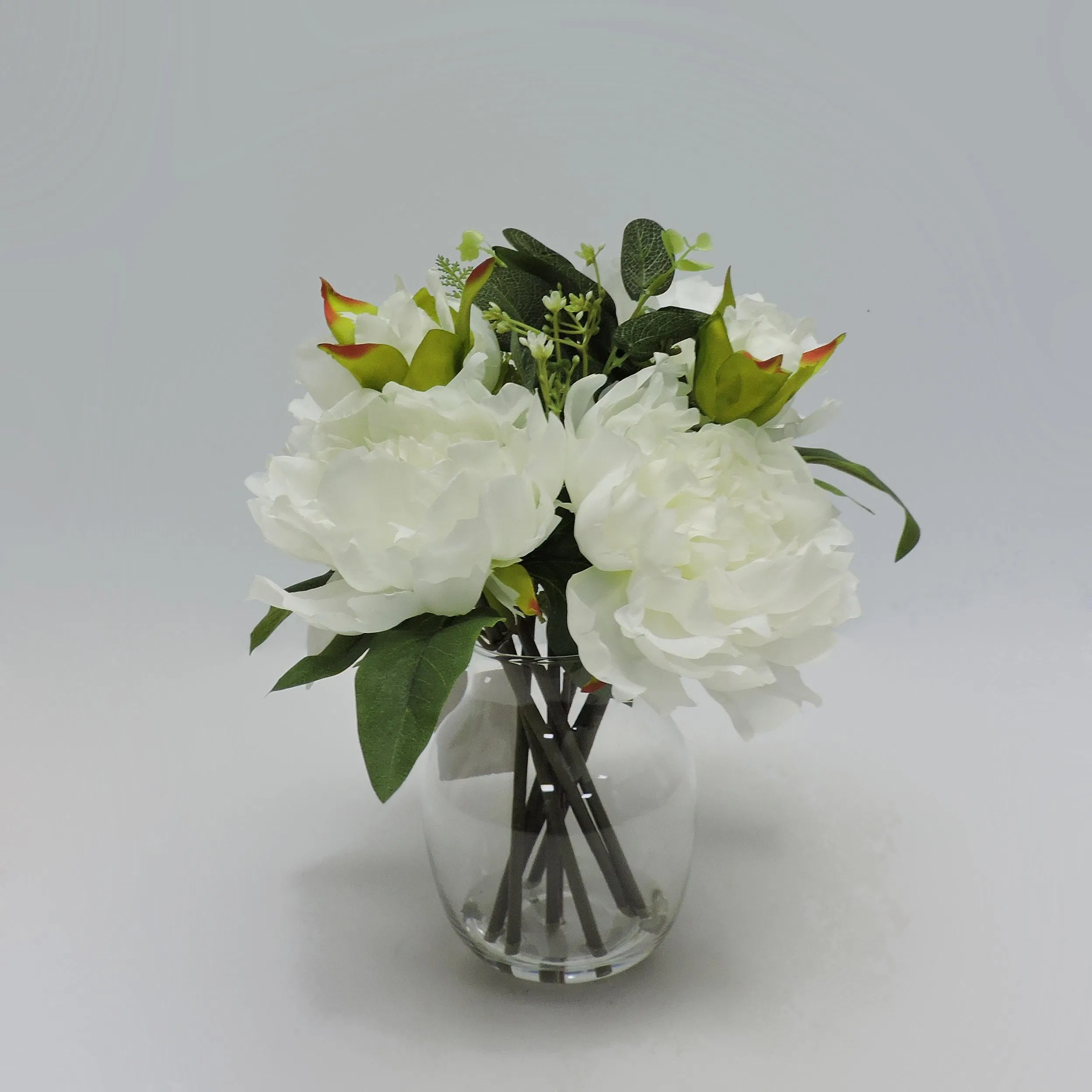 Wholesale Artificial Silk Flower Potted Peony Arrangement with Glass Vase