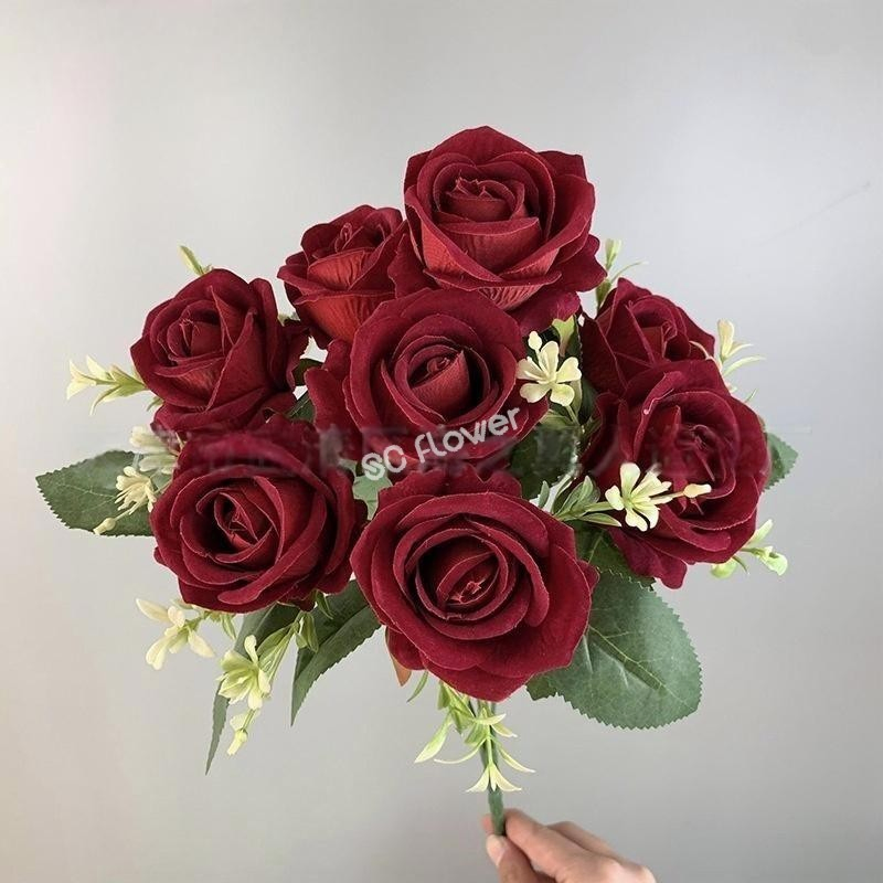 Guangdong Wholesale Red 9 Head Velvet Bouquet Rose Artificial for Party Home Wedding Decor