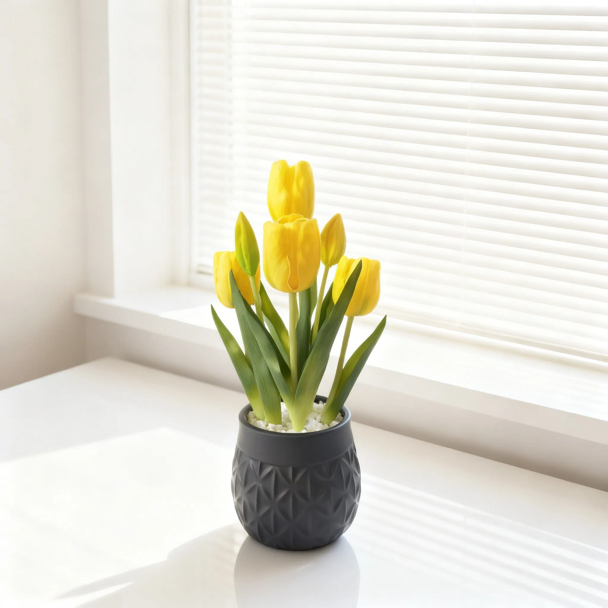 Beautifully Real Touch Yellow Tulips in Black Ceramic Pot for Home Decor