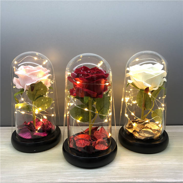 High Quality Gift Flowers Artificial Rose in Glass Dome with LED Light Festival Valentine's Day Flowers Artificial