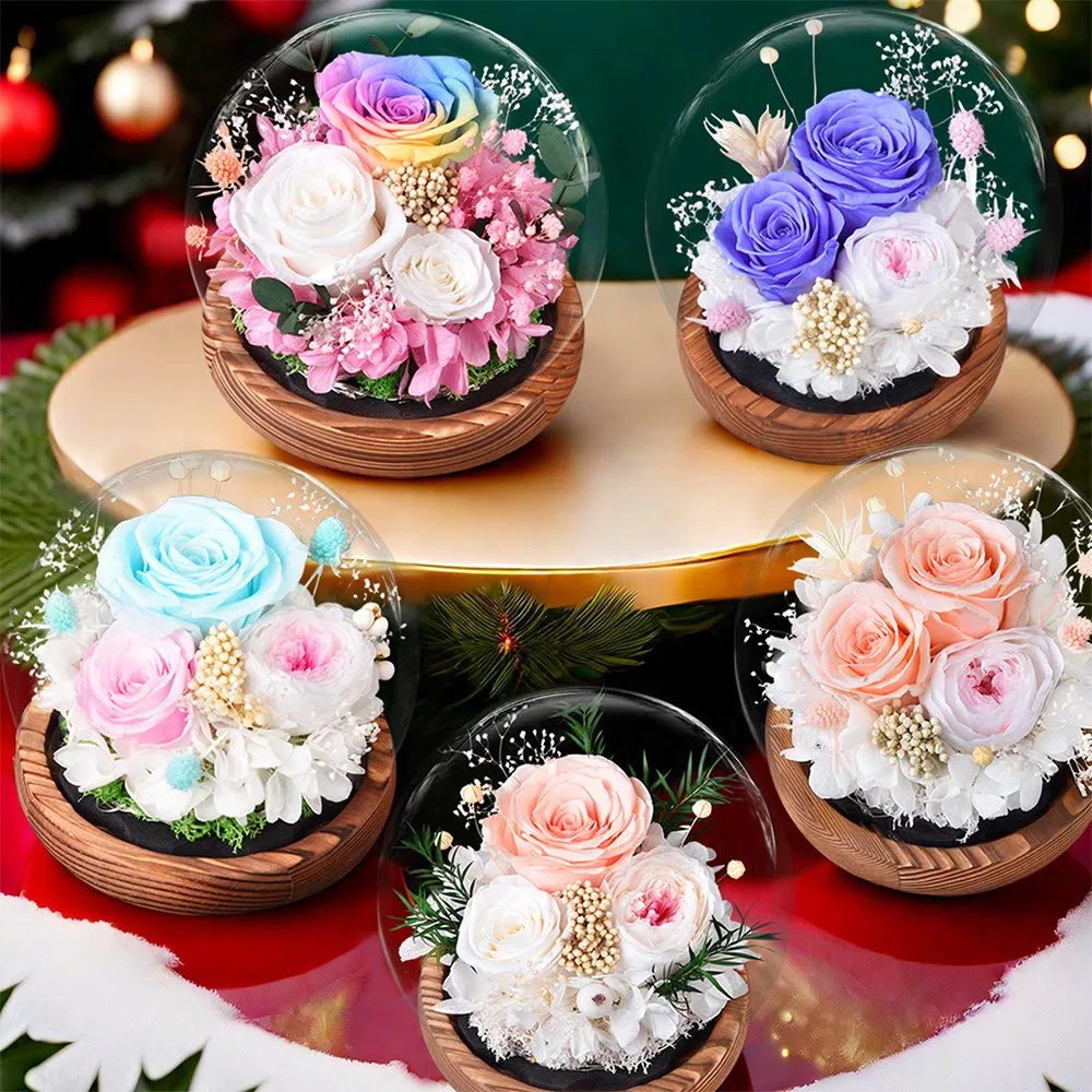 Inunion Handmade Decorative Spherical Glass Dome with Preserved Roses &amp; Moss