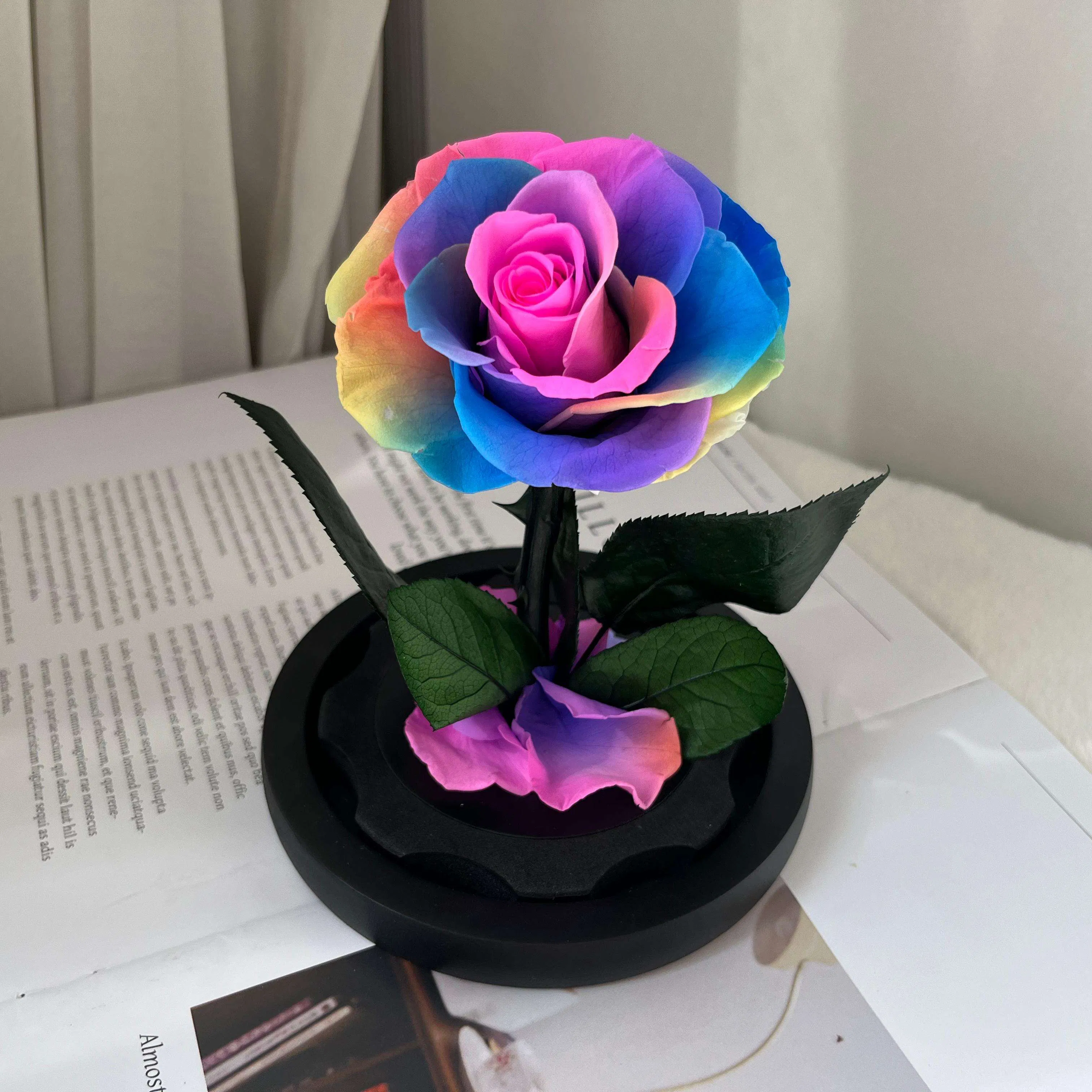 Factory Sales Valentine's Day Preserved Flower Wholesale Rainbow Eternal Forever Roses with Stems Natural Eternal Rose Glass Dome