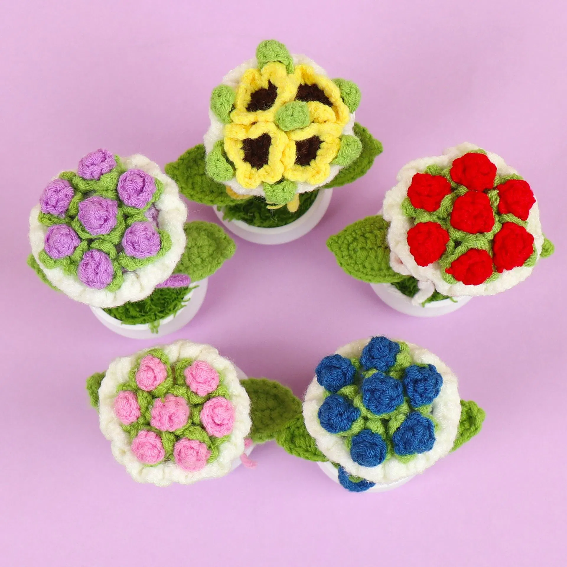 Finished Handmade Crocheted Rose Bouquet in a Pot, Car Decoration, Artificial Yarn Flower, Office Ornament, Creative Gift