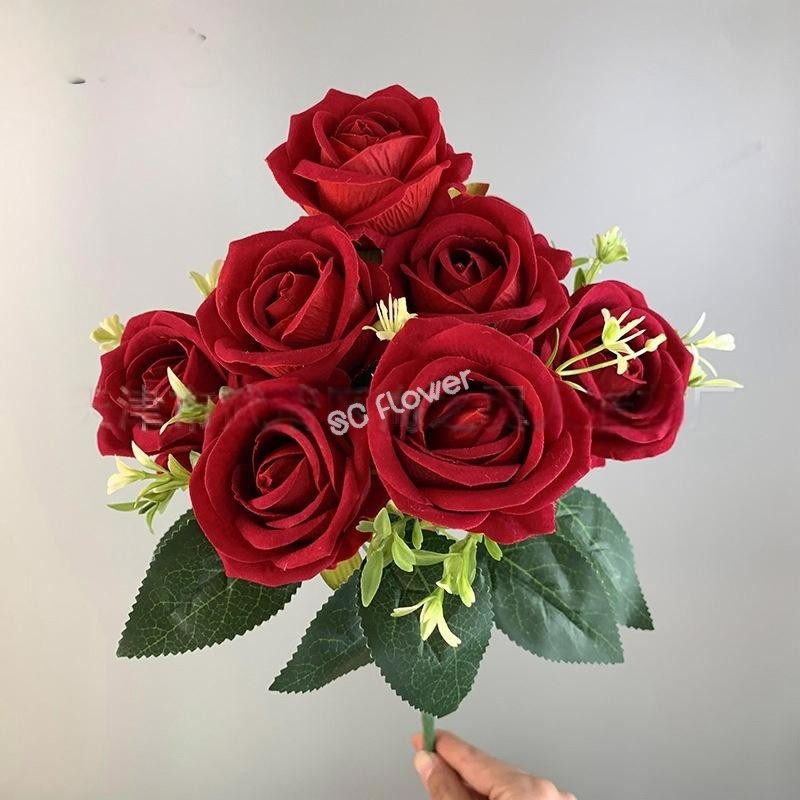 Guangdong Wholesale Red 9 Head Velvet Bouquet Rose Artificial for Party Home Wedding Decor