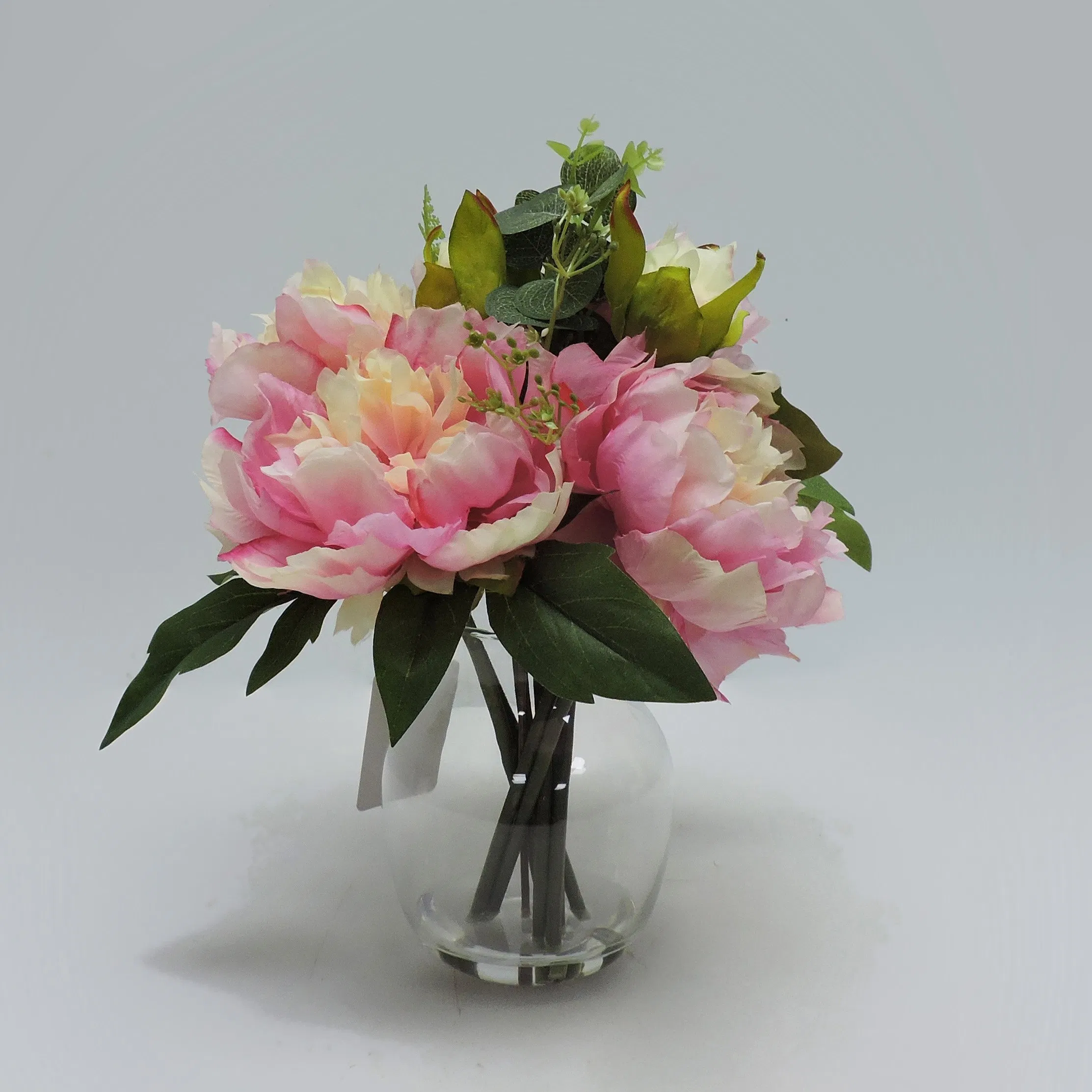 Wholesale Artificial Silk Flower Potted Peony Arrangement with Glass Vase
