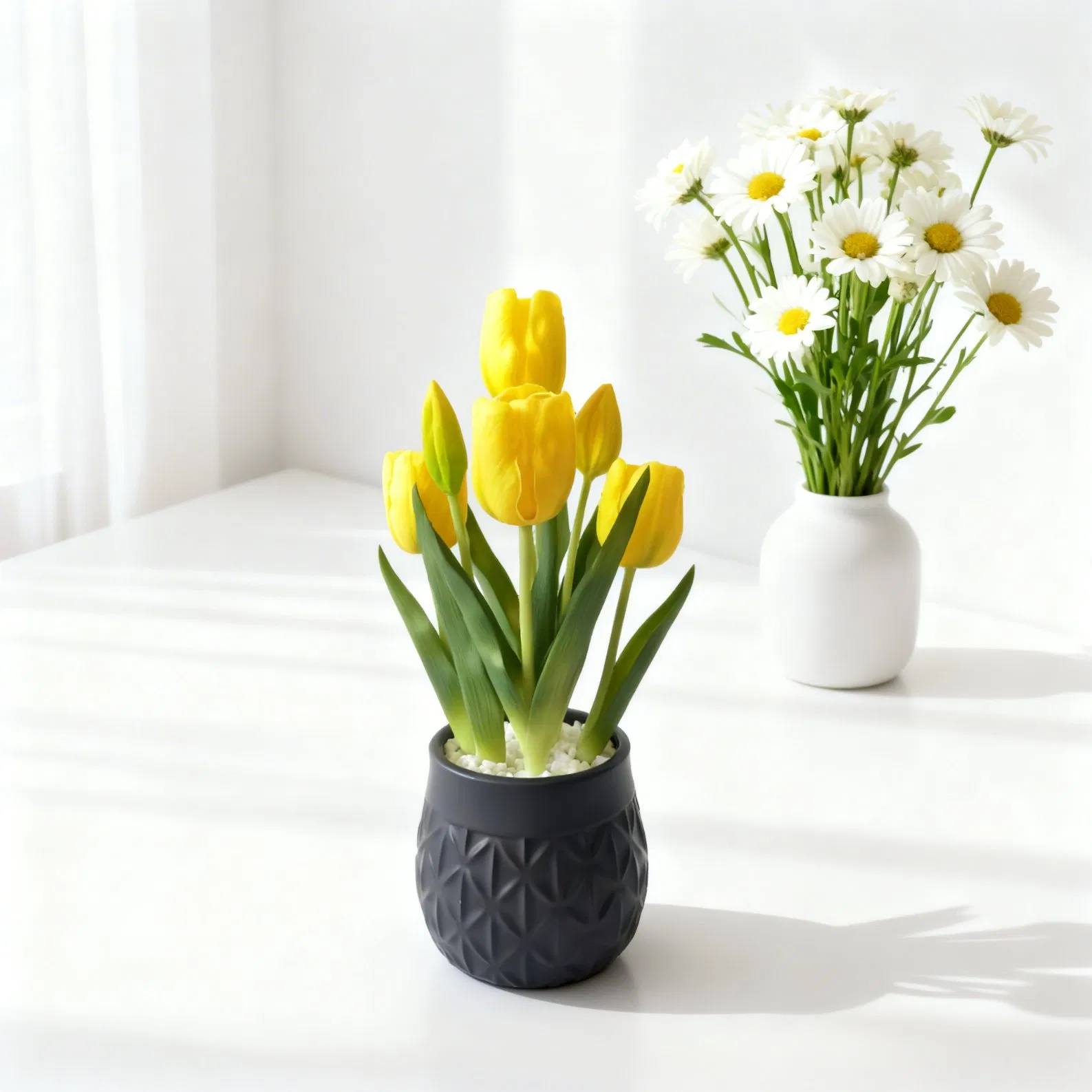 Beautifully Real Touch Yellow Tulips in Black Ceramic Pot for Home Decor