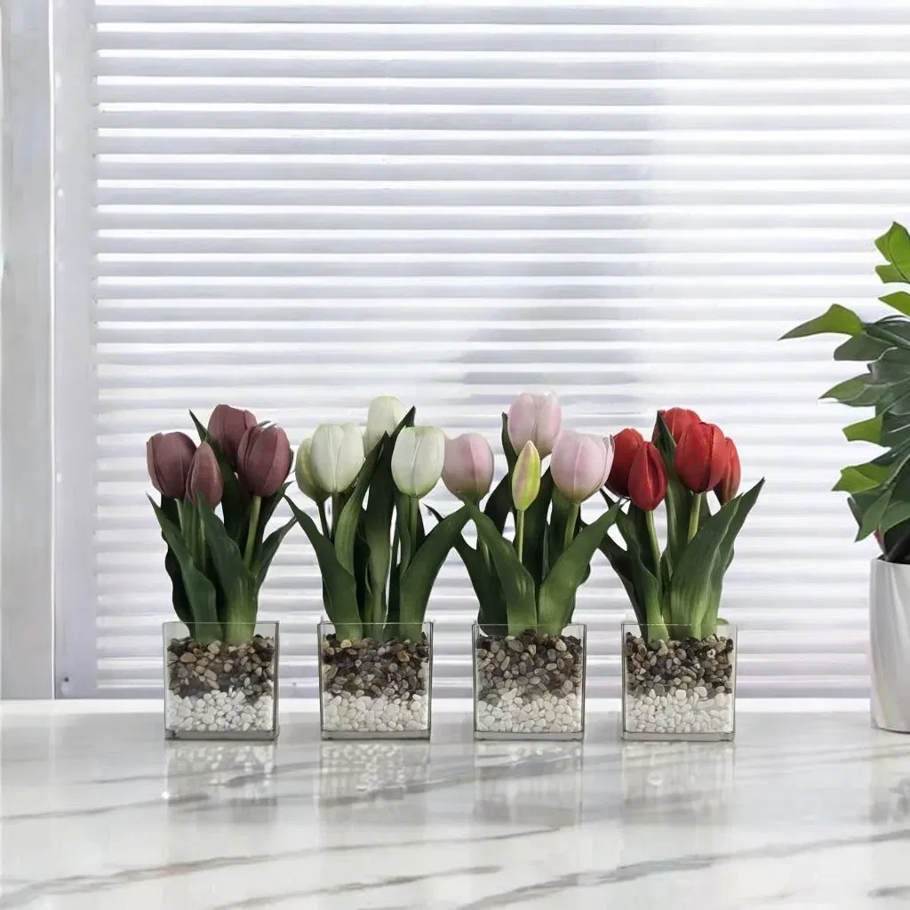 Lifelike Real Touch Tulips in Vase for Home Decor