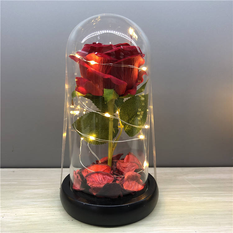 High Quality Gift Flowers Artificial Rose in Glass Dome with LED Light Festival Valentine's Day Flowers Artificial