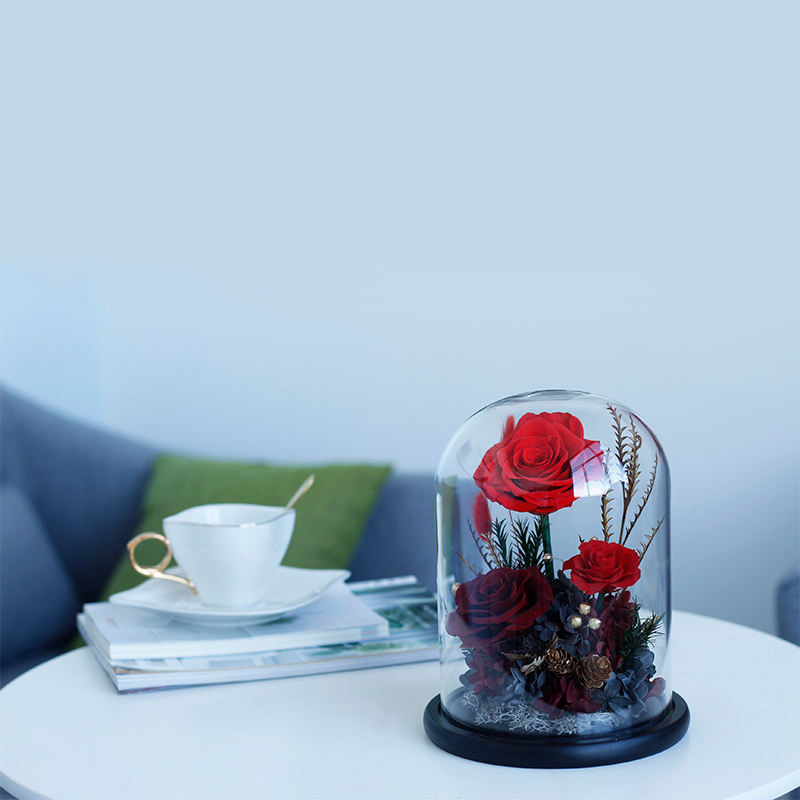 Valentines' Gift Long Lasting Real Forever Preserved Roses in Glass Dome with Wooden Base Wholesale Eternal Roses