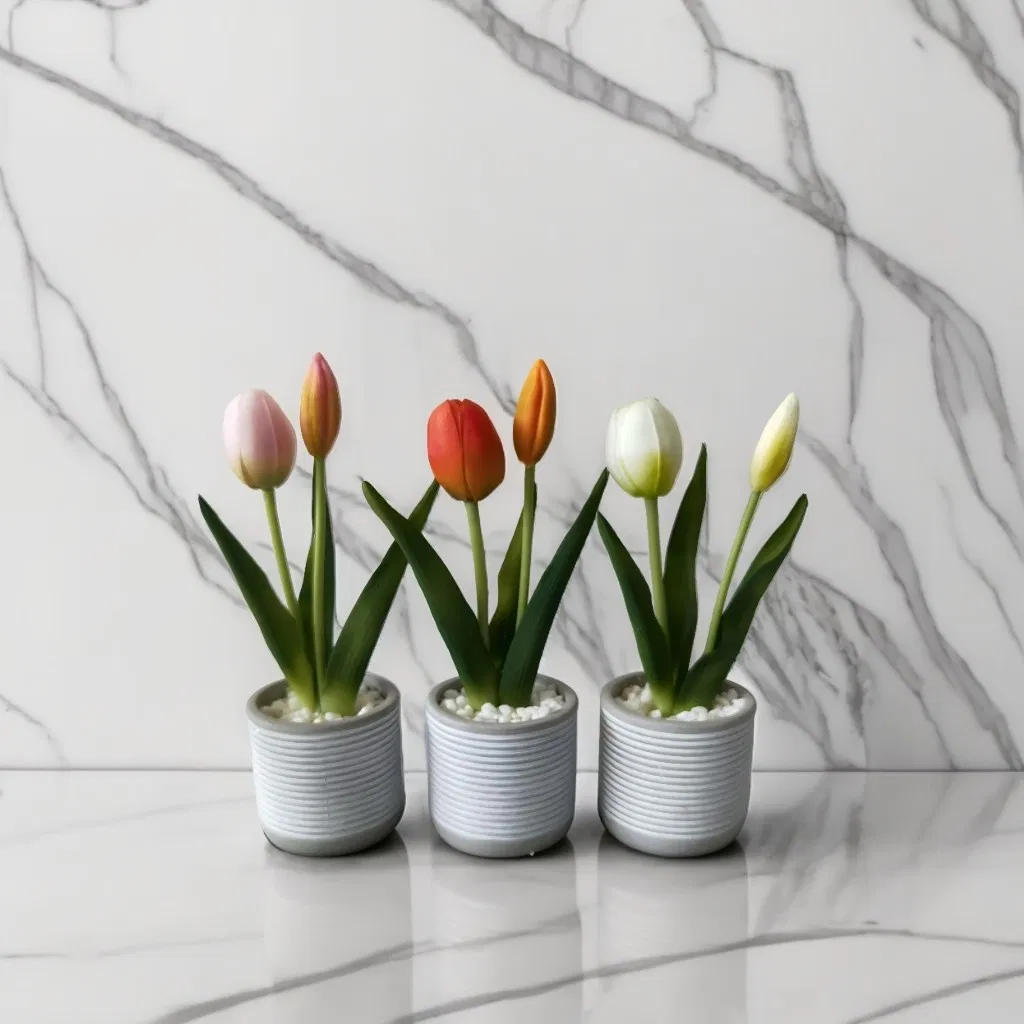 Beautifully Real Touch Tulips in Wooden Pot for Home Decor