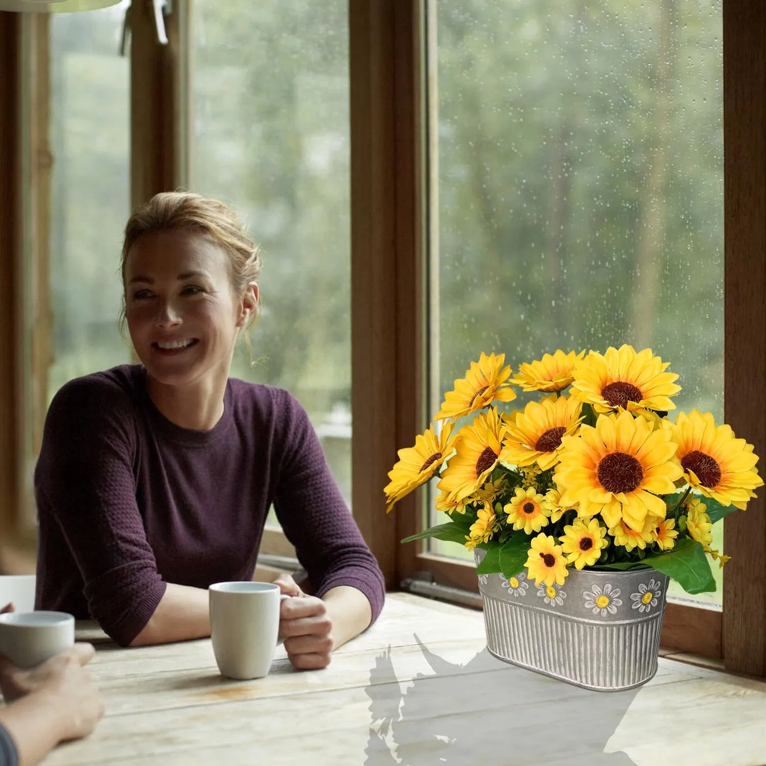 Table Centerpiece Decoration Silk Floral Artificial Sunflowers with Metal Pot