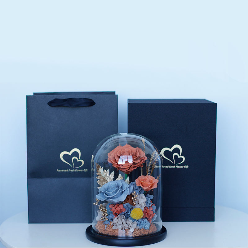 Valentines' Gift Long Lasting Real Forever Preserved Roses in Glass Dome with Wooden Base Wholesale Eternal Roses
