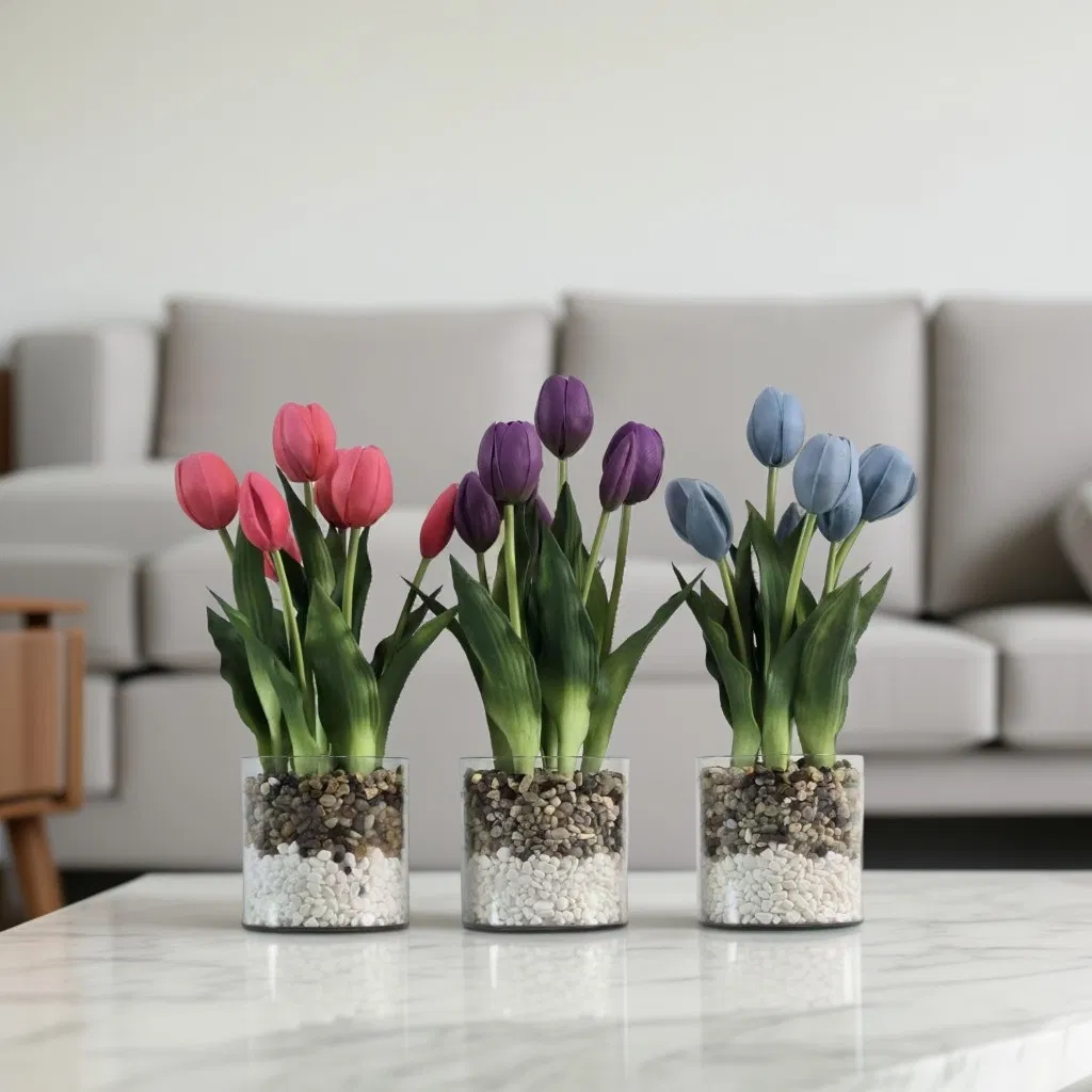 Lifelike Real Touch Tulips in Vase for Home Decor