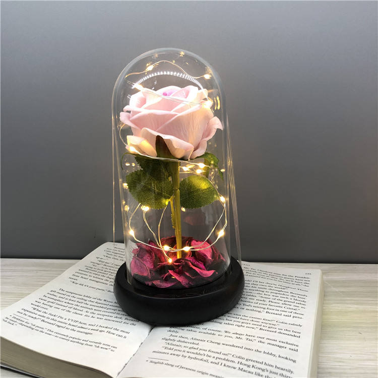 High Quality Gift Flowers Artificial Rose in Glass Dome with LED Light Festival Valentine's Day Flowers Artificial