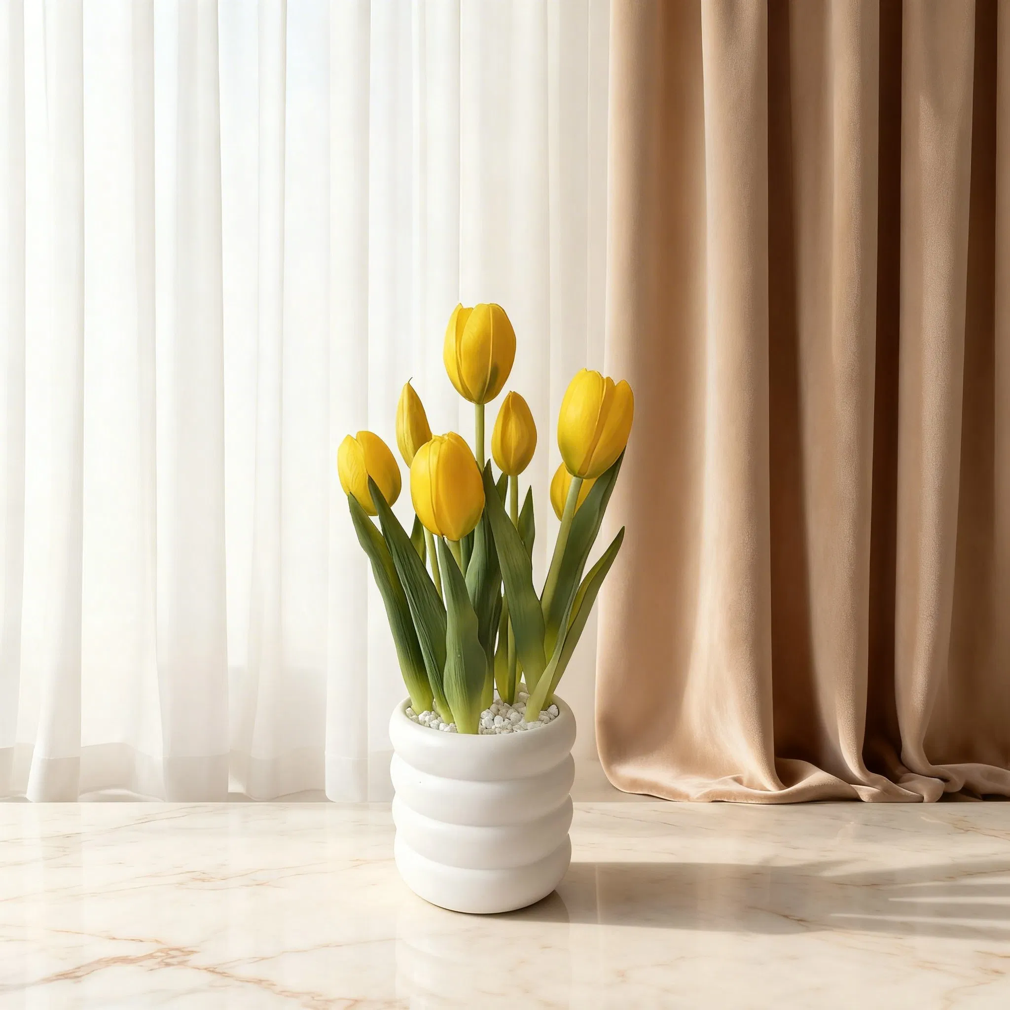 Beautifully Real Touch Yellow Tulips in Ceramic Pot for Home Decor