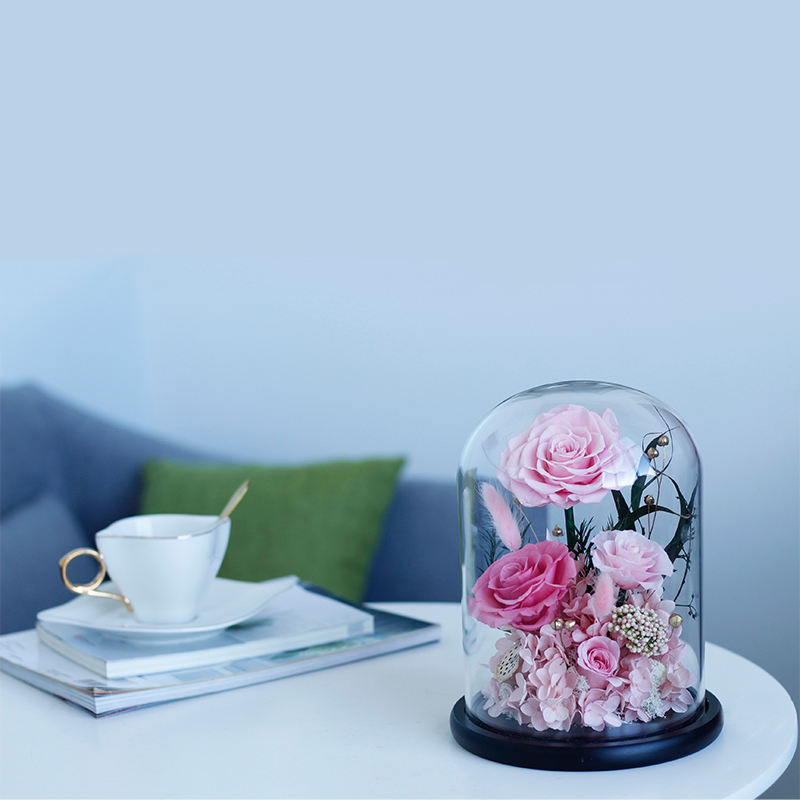 Valentines' Gift Long Lasting Real Forever Preserved Roses in Glass Dome with Wooden Base Wholesale Eternal Roses