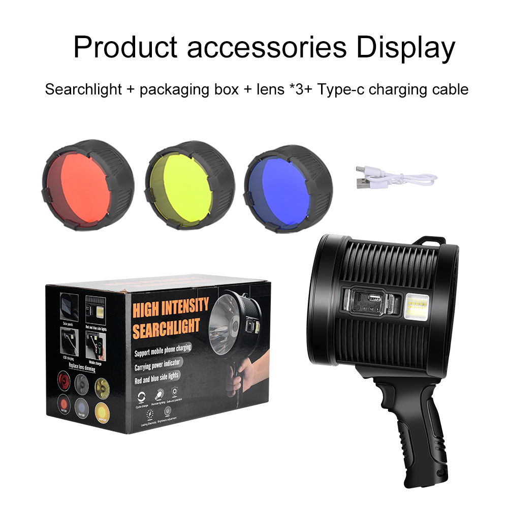 Super Powerful Portable Led Flashlight Searchlight Spotlights With COB Light Solar Panel Type-C Charging Torch for Hunt Outdoors