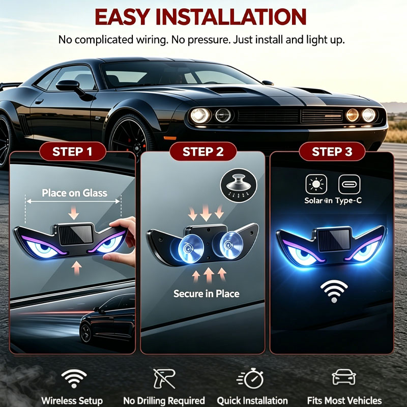 Cross-border Auto LED Solar Devil Eye Light, Triangle Window Decor Ambient Light, Breath Light, No Wiring Required