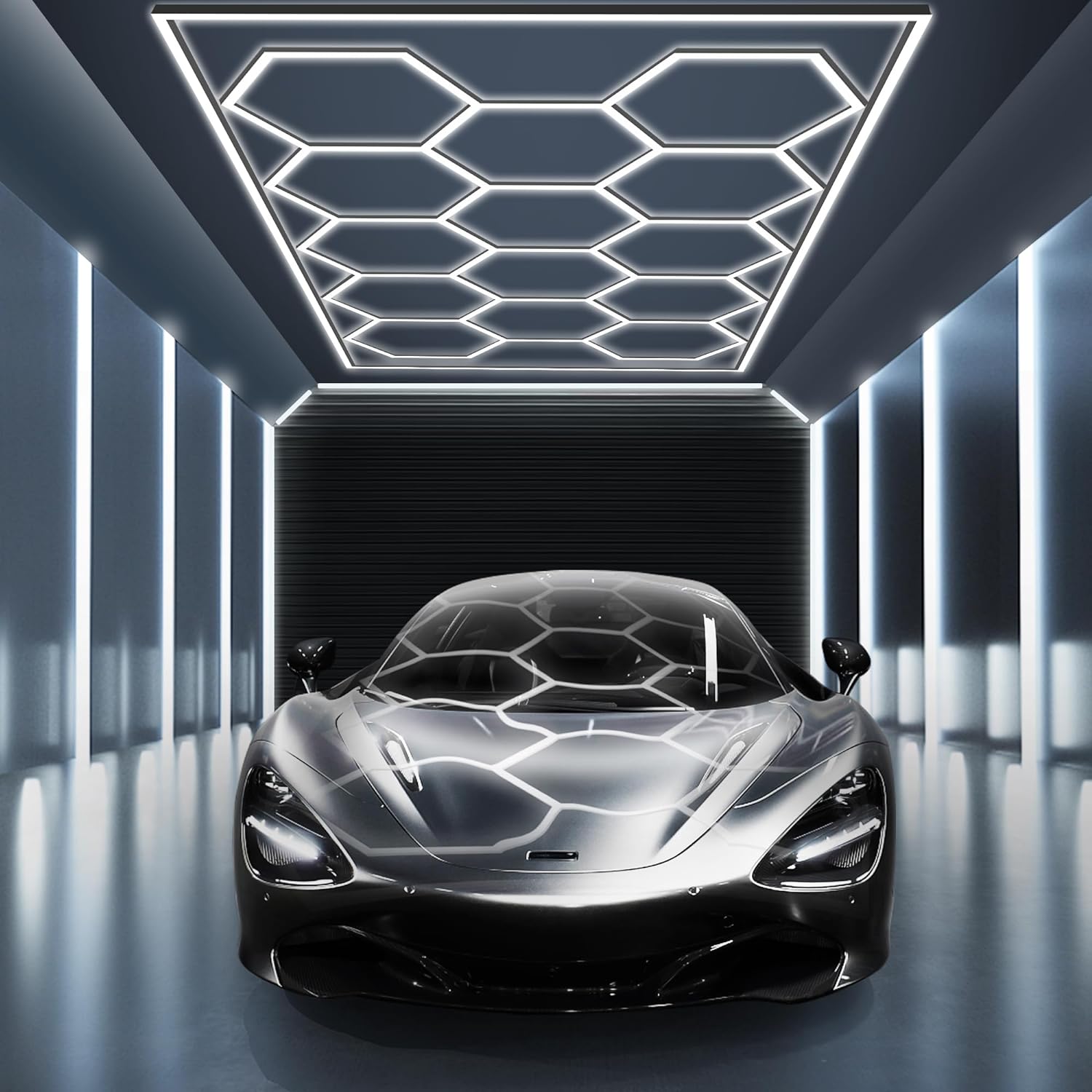 Car Detailing LED Light 14 Grid Hanging Hexagon Ceiling Lights 110w-240w 6500K White for Workshop Gym Garage Hexagonal Light