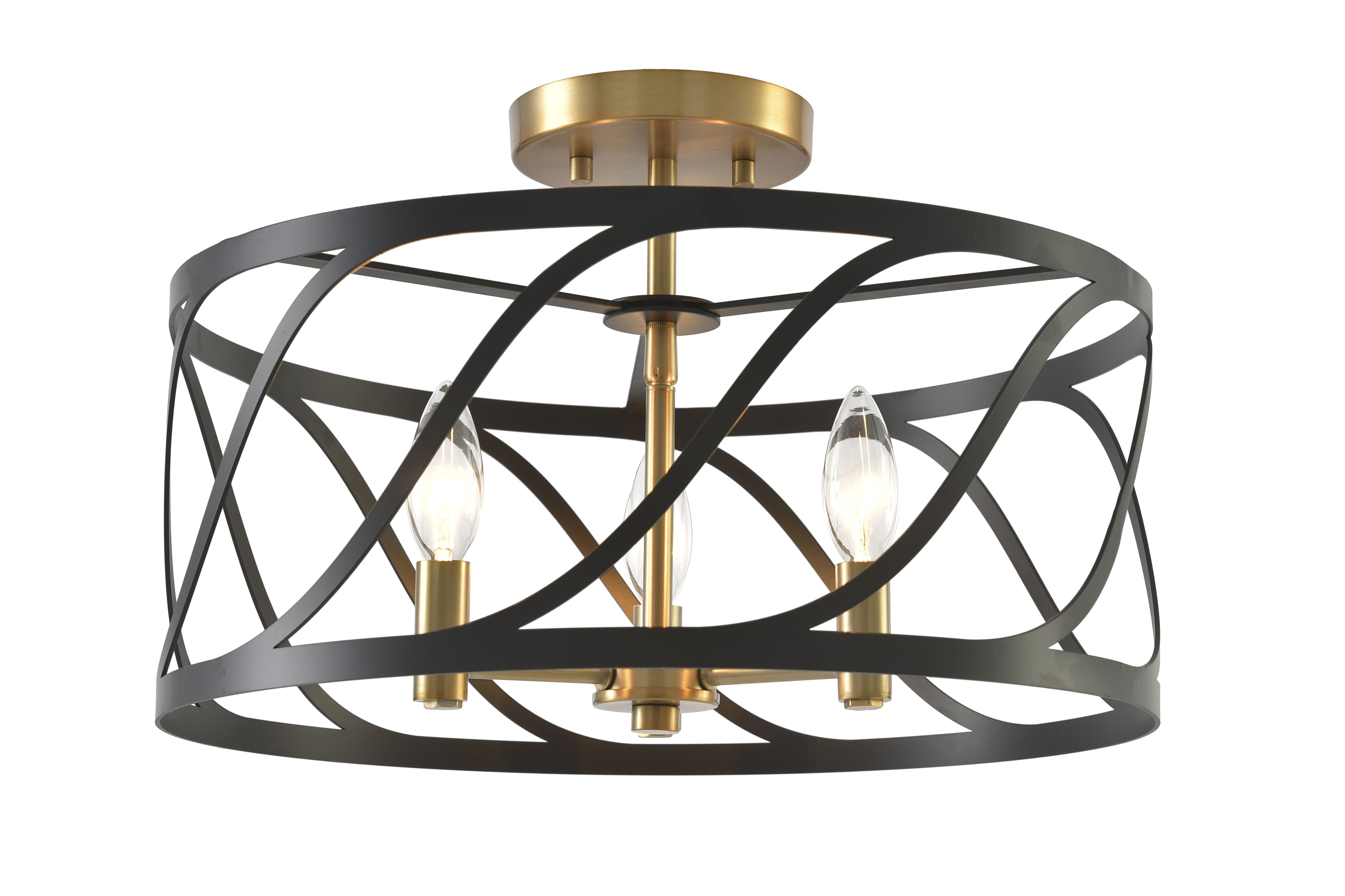Geometric 3-Light Drum Semi Flush Mount Ceiling Light White Steel Cage Fixture Middle Size E12 Dimmable for Entryway Kitchen