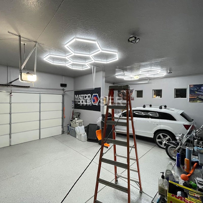 Dropshipping No MOQ LED Hexagon Garage Light Honeycomb Work Lights for Parking Lot Auto Repair Shop 5 Grid System