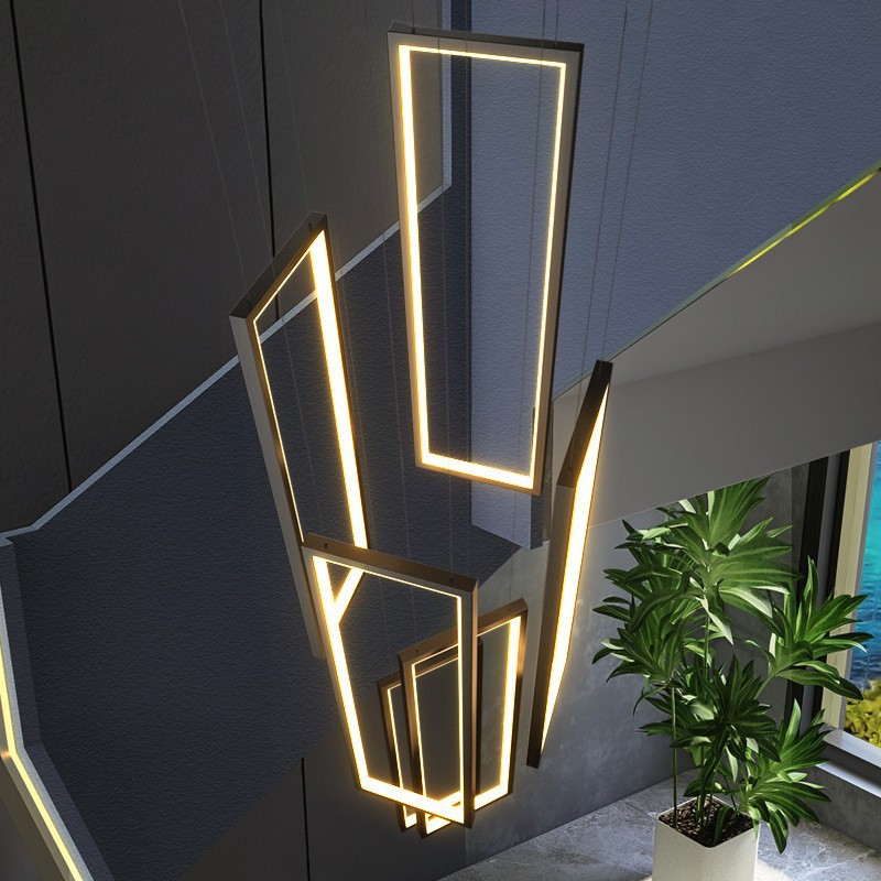 APCITL Black Gold Modern LED Pendant Light Hotel High Ceiling Geometric Hanging Lamp Staircase Large Long Customized Chandelier