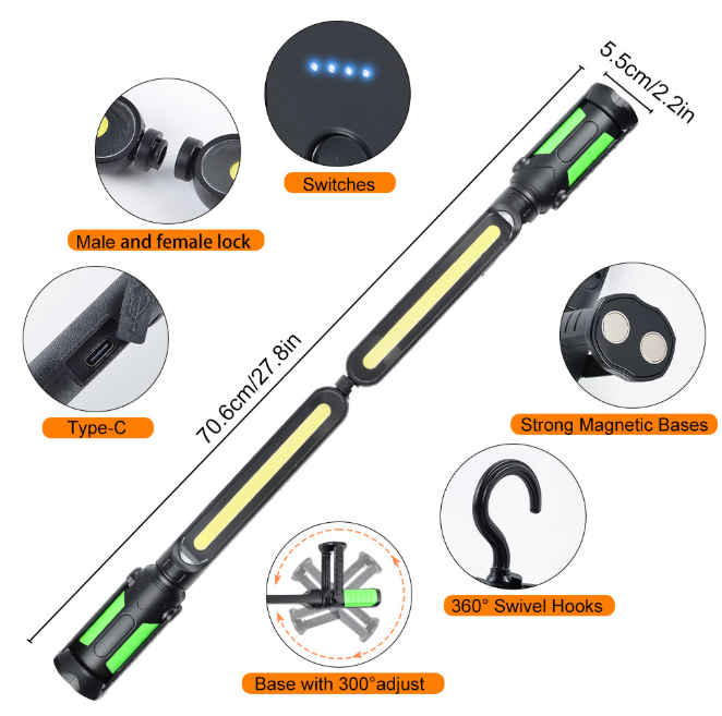 USB Rechargeable 2400LM 4400Mah Magnetic Underhood Work Light With Hooks for Car Repairing Inspection Emergency Use