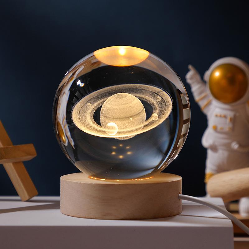 Large 60mm 3D Galaxy Sphere Ball Night Lamp Custom Laser Engraved LED Light With Wooden Base Carved Crafted Luxury Home Decor