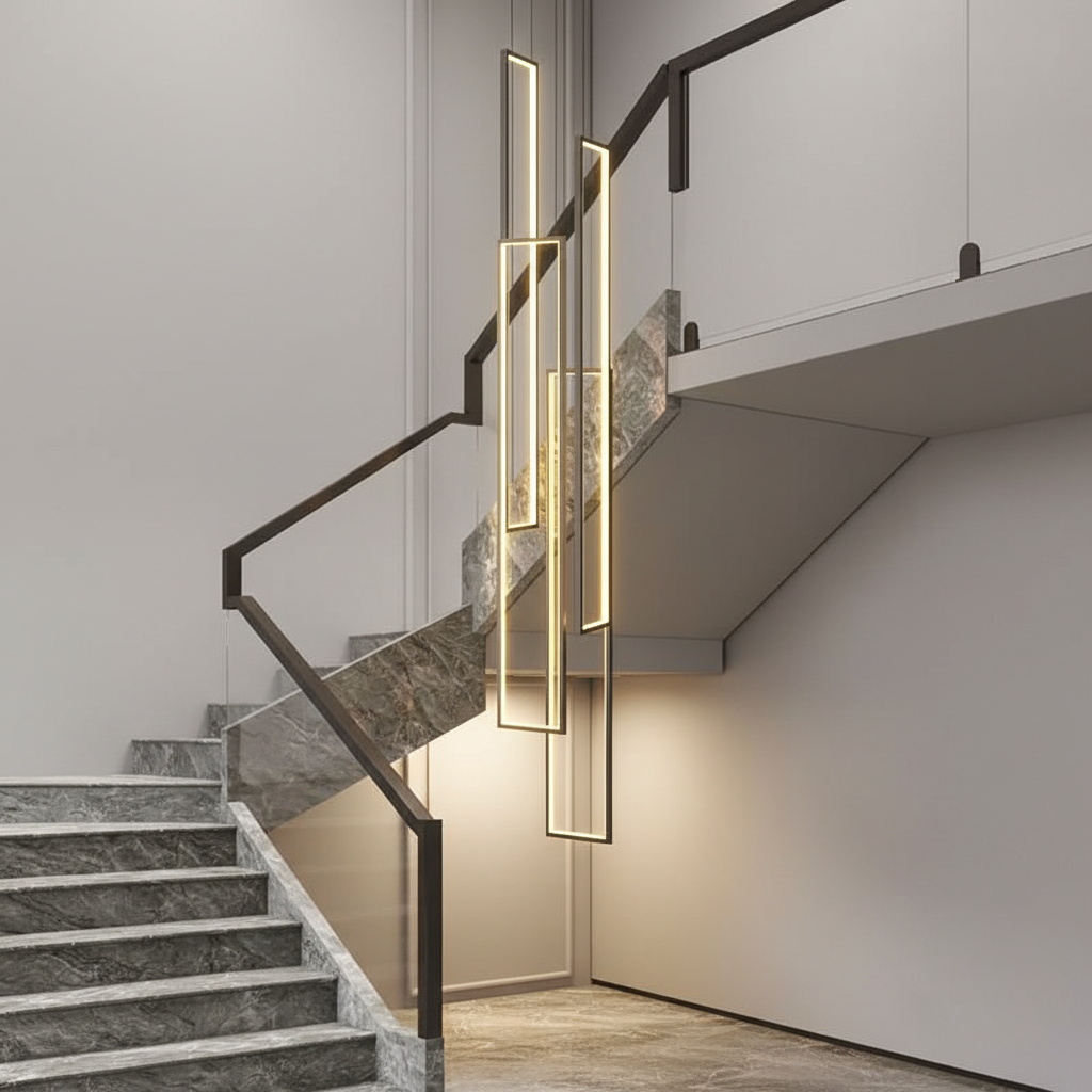 Black Gold Modern Led Pendant Light Hotel High Ceiling Geometric Hanging Lamp Staircase Large Long Customized Acrylic Chandelier