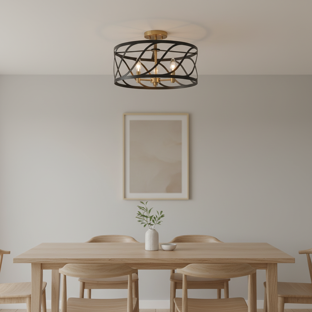 Geometric 3-Light Drum Semi Flush Mount Ceiling Light White Steel Cage Fixture Middle Size E12 Dimmable for Entryway Kitchen