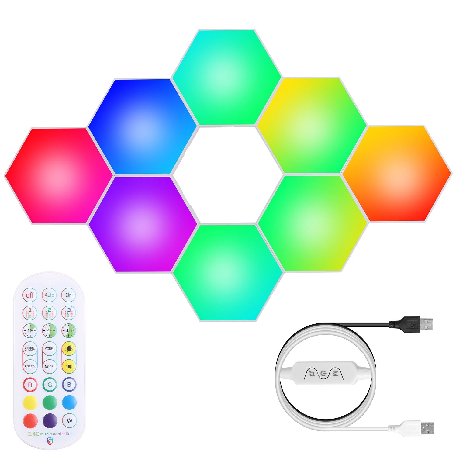 8pcs RGBW Colorful Hexagon Light Panels Wall Lamps for Gaming Decorative Music Sync Remote Line Control Timing Splicing App Line