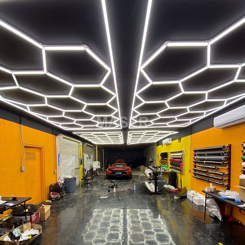 High Brightness LED Hexagon Light 3CCT Dimmable Garage Hexagon LED Lights for Car Detailing Car Wash Station 15 Grid System