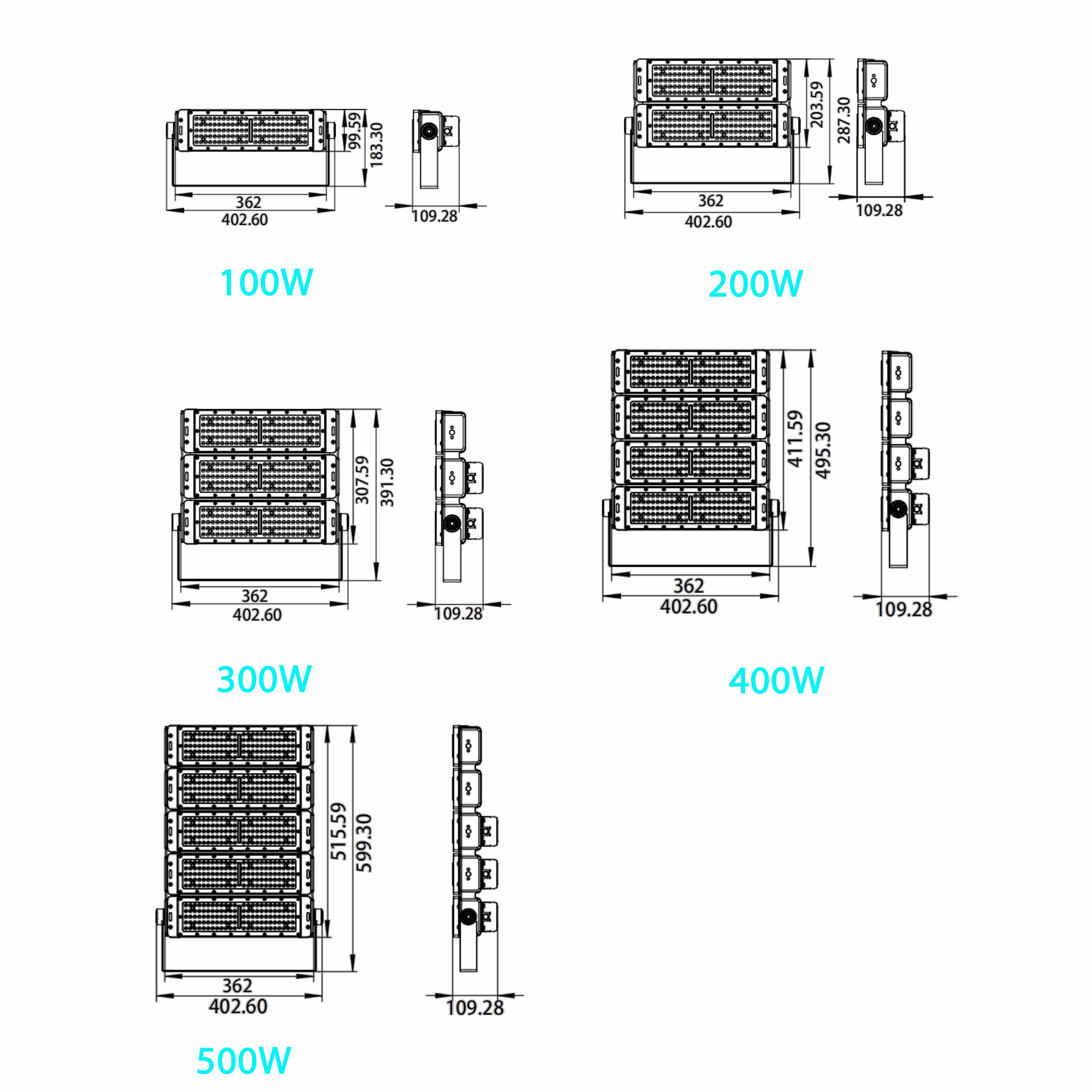 Outdoor Waterproof IP65 Modular 50W 100W 150W 200W 250W 300W 400W 500W Led Tunnel Light LED Flood Light